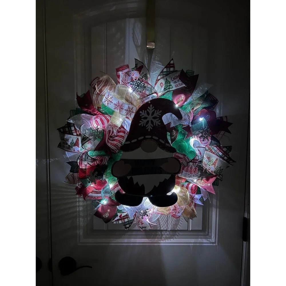 Christmas Snowflake Gnome Holiday Ribbon Door Wreath Handmade 22 ins LED W7